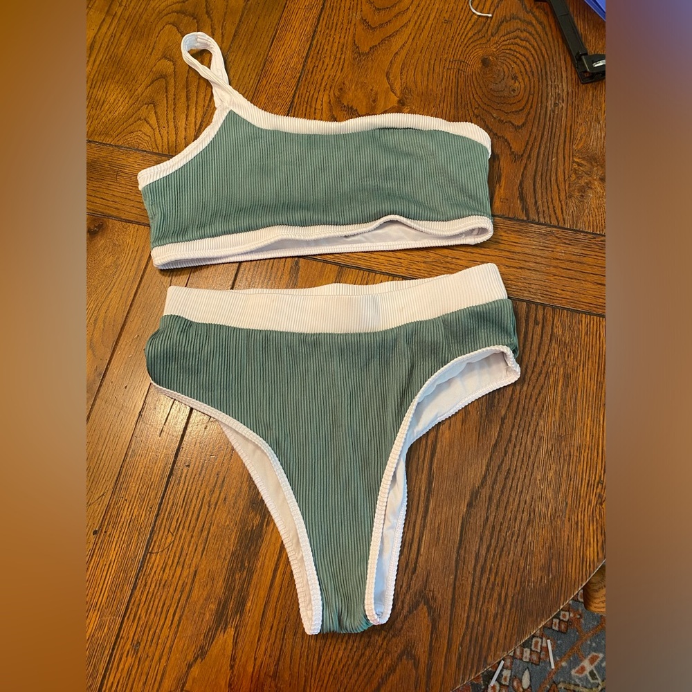 Soft green high waisted two piece bathing suit.